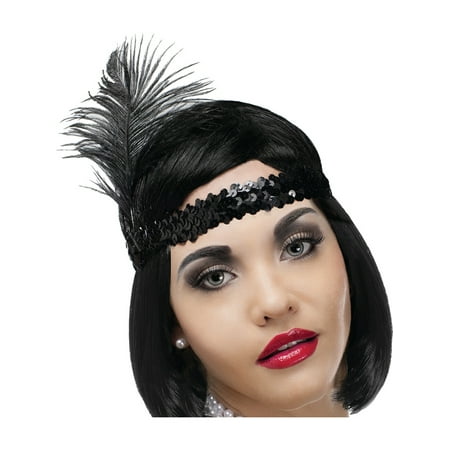 Adult's Black Sequin Roaring 20s Flapper Feather Headband Costume Accessory