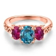 thumbnail image 3 of Gem Stone King 18K Rose Gold Plated Silver London Blue Topaz and Red Created Ruby Filigree Style 3 Stone Ring for Women (2.50 Cttw, Oval 8X6MM and 6X4MM) (Size 7), 3 of 6