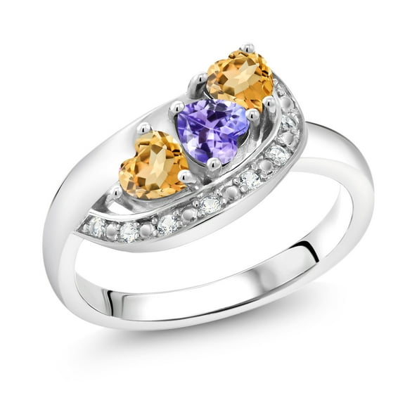 Gem Stone King 925 Sterling Silver Blue Tanzanite and Yellow Citrine and White Created Sapphire Engagement Ring for Women (0.73 Cttw, Gemstone December Birthstone, Heart Shape 4MM, Size 8)