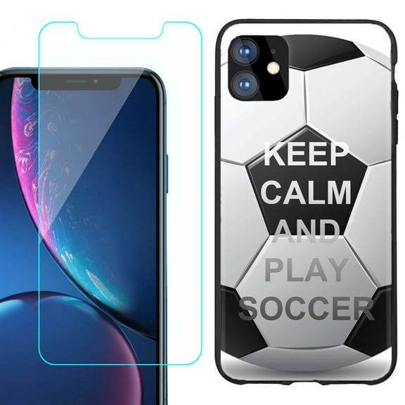 For Apple iPhone 11 Phone Case , Slim-Fit TPU Protective Case (Black), with Tempered Glass Screen Protector, by OneToughShield ® - Keep Calm Soccer
