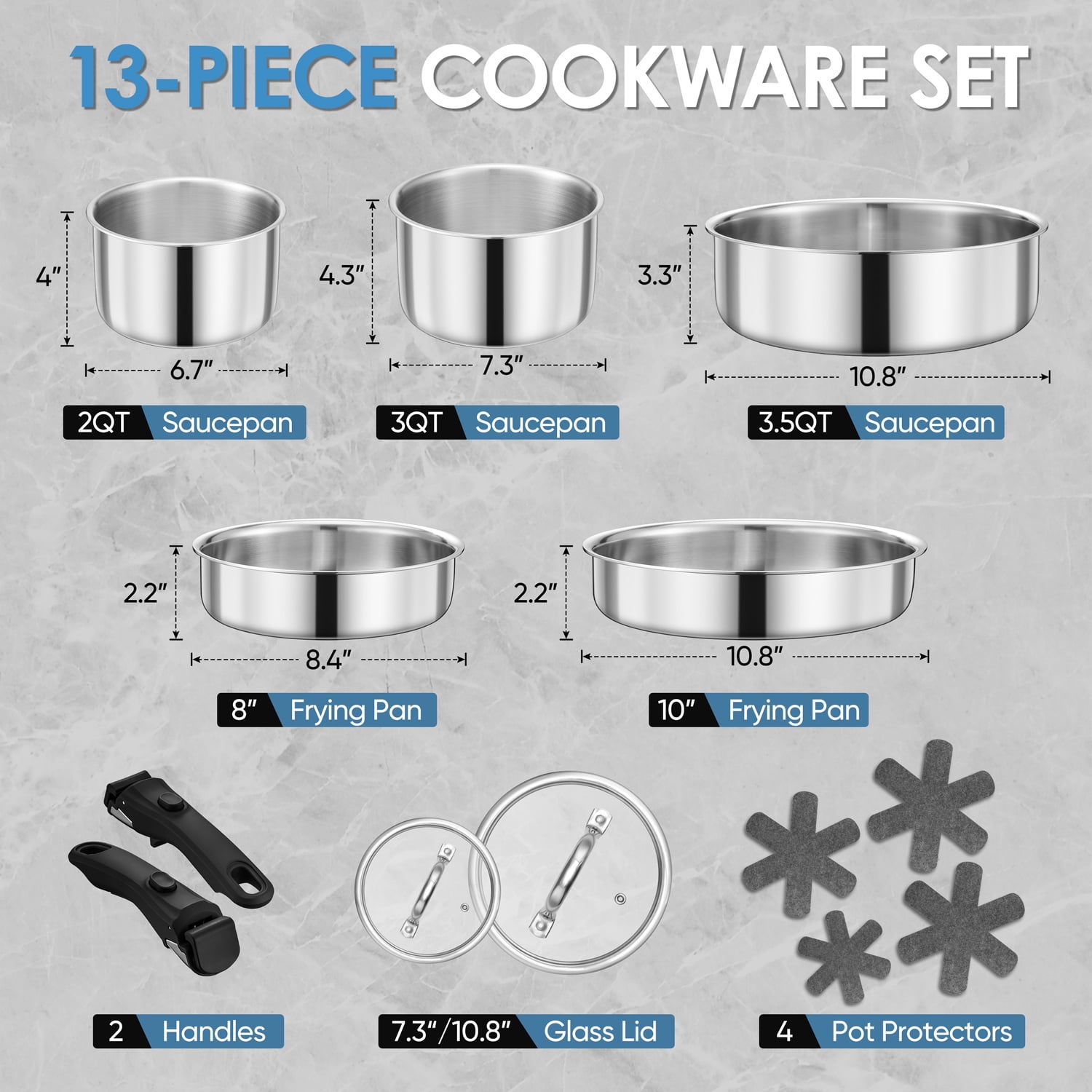 Walchoice 13Pcs Stainless Steel Cookware Set, 3-Ply Pots and Pans