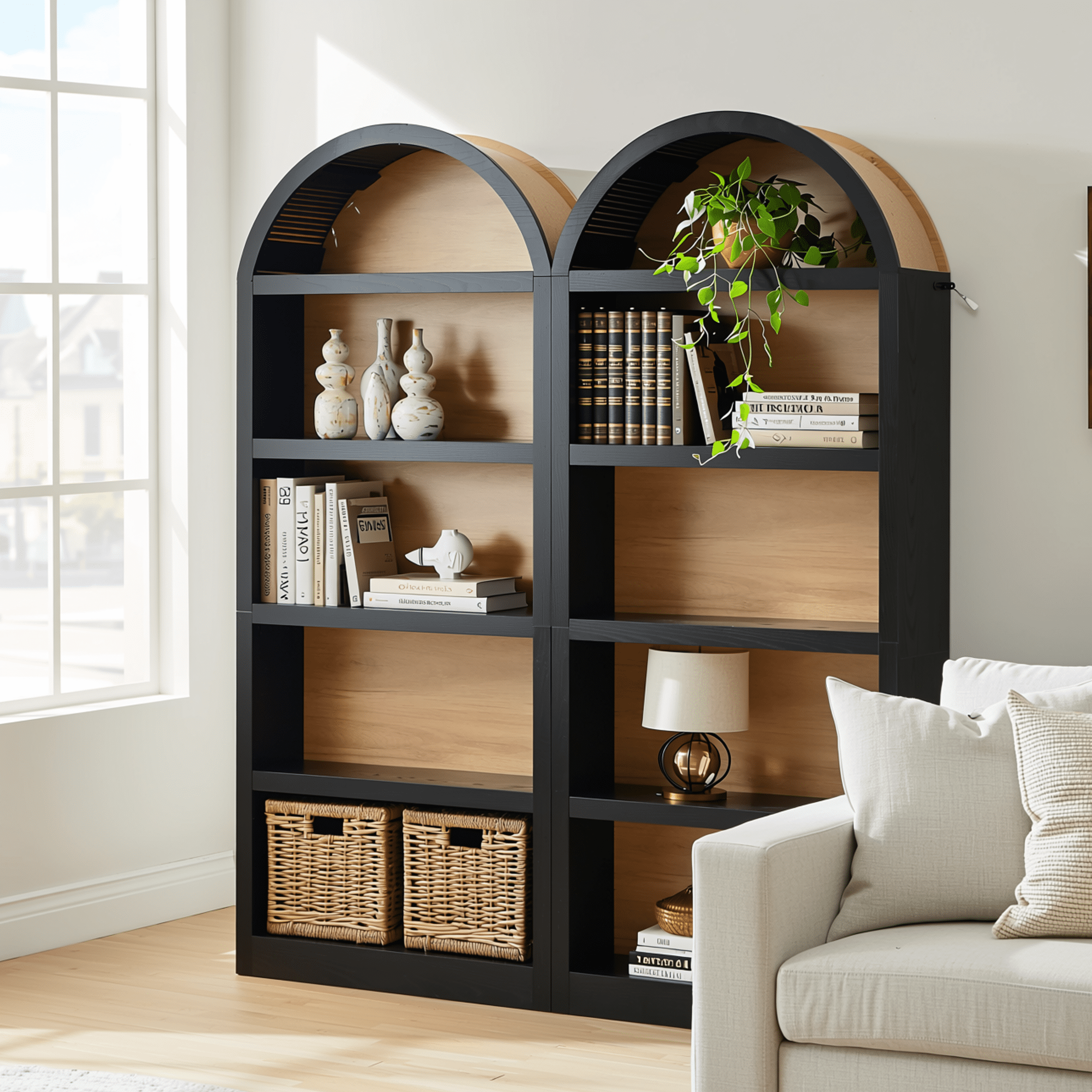Homy Casa 69" Tall Arched Bookcase Set of 2, 4-Shelf Open Display Bookshelves for Home Office, Black