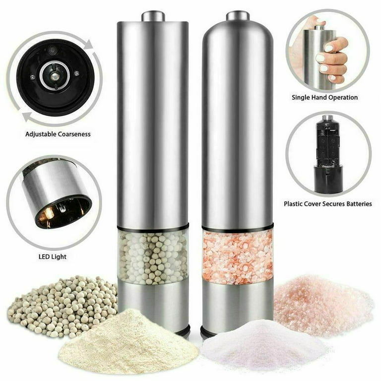 Tovendor Salt and Pepper Grinder Set, Stainless Steel Brushed Pepper Mill  with Bright Light, Adjustable Coarseness, Rechargeable Battery Powered (One