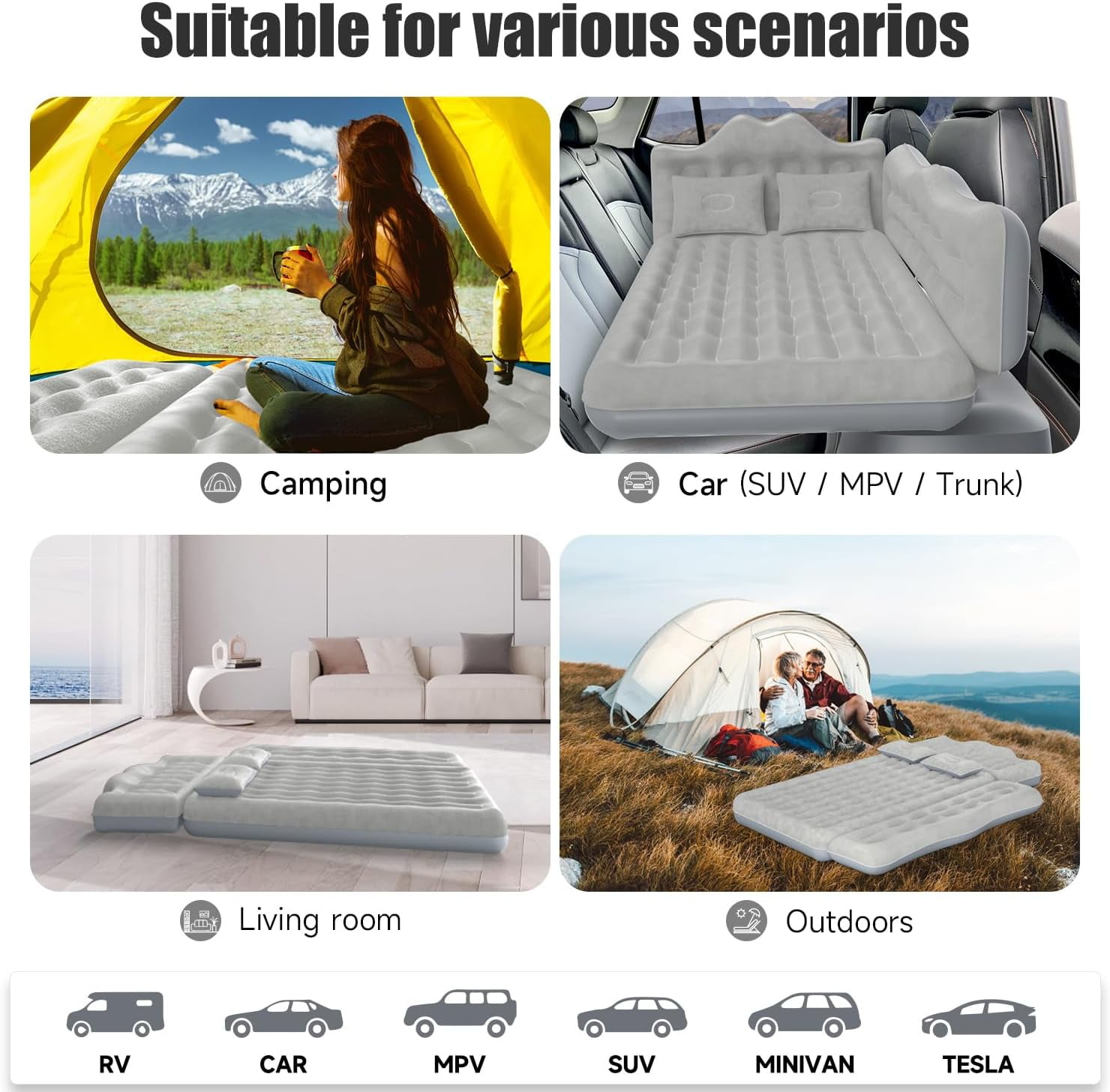 Backseat Car Air Mattress, Inflatable AirBed for SUV Back Seat Trunk Sleeping, Van Rear Seat Camping Sleeping Bed with Electric Air Pump