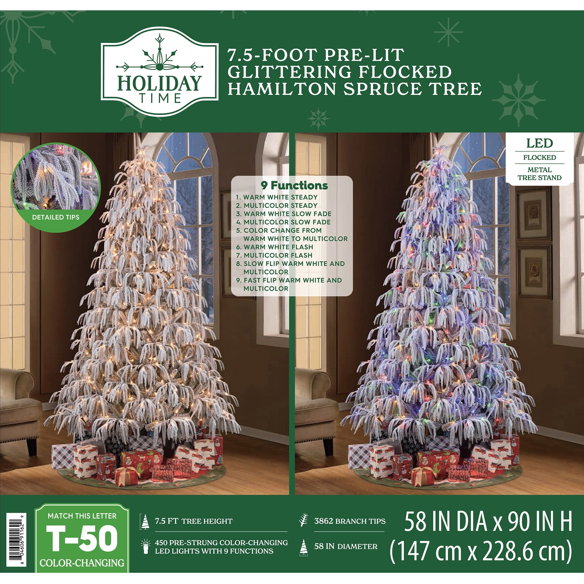 7.5ft Pre-Lit Glittering Flocked Hamilton Spruce Christmas Tree by Holiday Time, 450 Color-Changing LED
