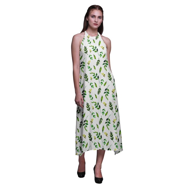 Bimba Robe de Plage Dos Nu Imprimée Feuilles pour Femmes Col Halter Long RayonDress-Medium