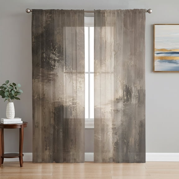 Grey Retro Abstract Art Sheer Curtains 96 Inch Length 2 Panels Set, Luxury Aesthetics Vintage Art Voile Window Treatment Semi Sheer Long Curtains Drapes for Bedroom/Living Room/Kitchen 52"x96"x2