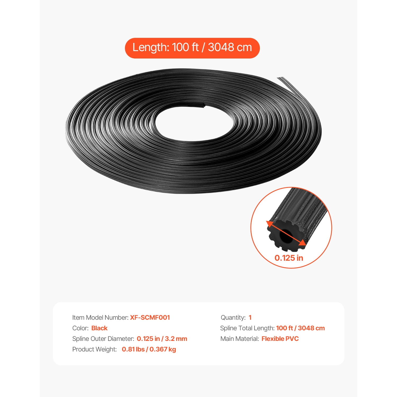 KFFKFF Window Screen Fastener, 100 ft x 0.125 in Window Screen Securing Spline, PVC Window and Door Screen Fastener, Hollow Toothed Screen Grip Spline, for Window Door Screen Maintenance and Renewal