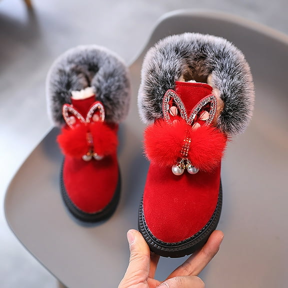 LEEy-world Baby Shoes Kids Baby Girls Warm and Soft Shoes Princess Shoes Fashion Hairball Cotton Boots Snow Boots Sneaker Slippers for Kids (Red, 9 Toddler)
