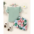 thumbnail image 4 of Mikrdoo Toddler Summer Clothes For Baby Girls Ruffle Sleeve Solid Color Shirts Elastic Shorts Headband 3Pcs Outfits Green 3-4 Years, 4 of 7