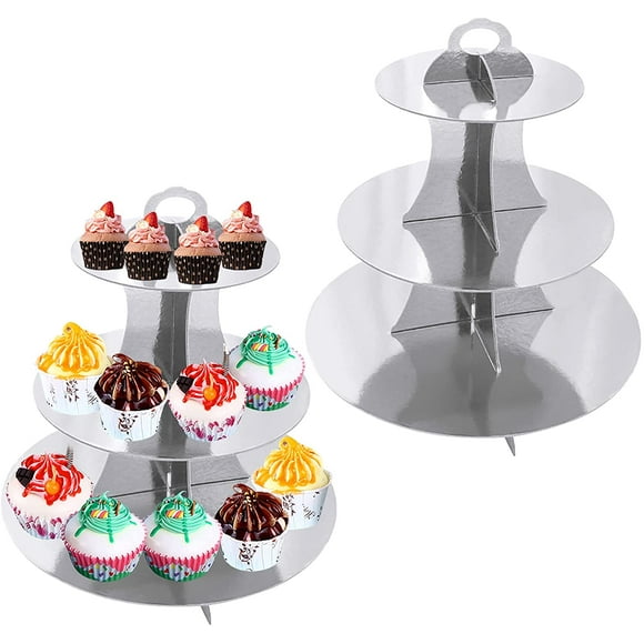 2pcs Birthday Cupcake Stand 3 Tier Cardboard Afternoon Tea Fruit Cake Display Tower (Silver)