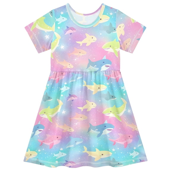 joogoo Colorful Sharks Girls' Short Sleeve Dress Kids Dresses 5-6T