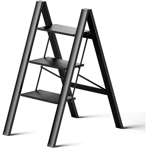 3 Step Ladder, Aluminum Ladder with Wide Anti-Slip Pedal, 330 lbs Capacity Folding Step Stools for Adults, Sturdy&Portable Ladders for Home Kitchen Library Office, Black