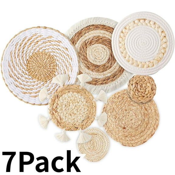 7 Pack Boho Wall Basket Decor - Seagrass Rattan Wicker Wall Decor Round Handmade Hanging Rustic Flat Elegant Wall Art for Farmhouse Living Rooms Bedrooms Display Table Settings Kitchen Home