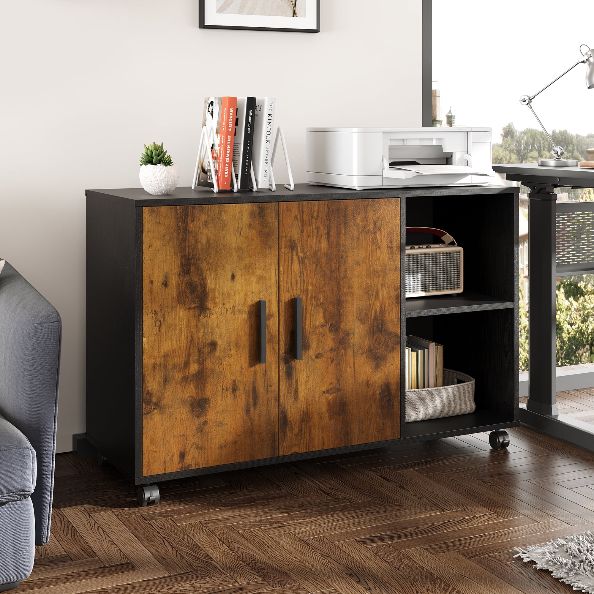 GALAXHERO Wood Storage Cabinets with Doors and Shelves, Lateral File Cabinet & Printer Stand with Storage for Home Office, Rustic Brown
