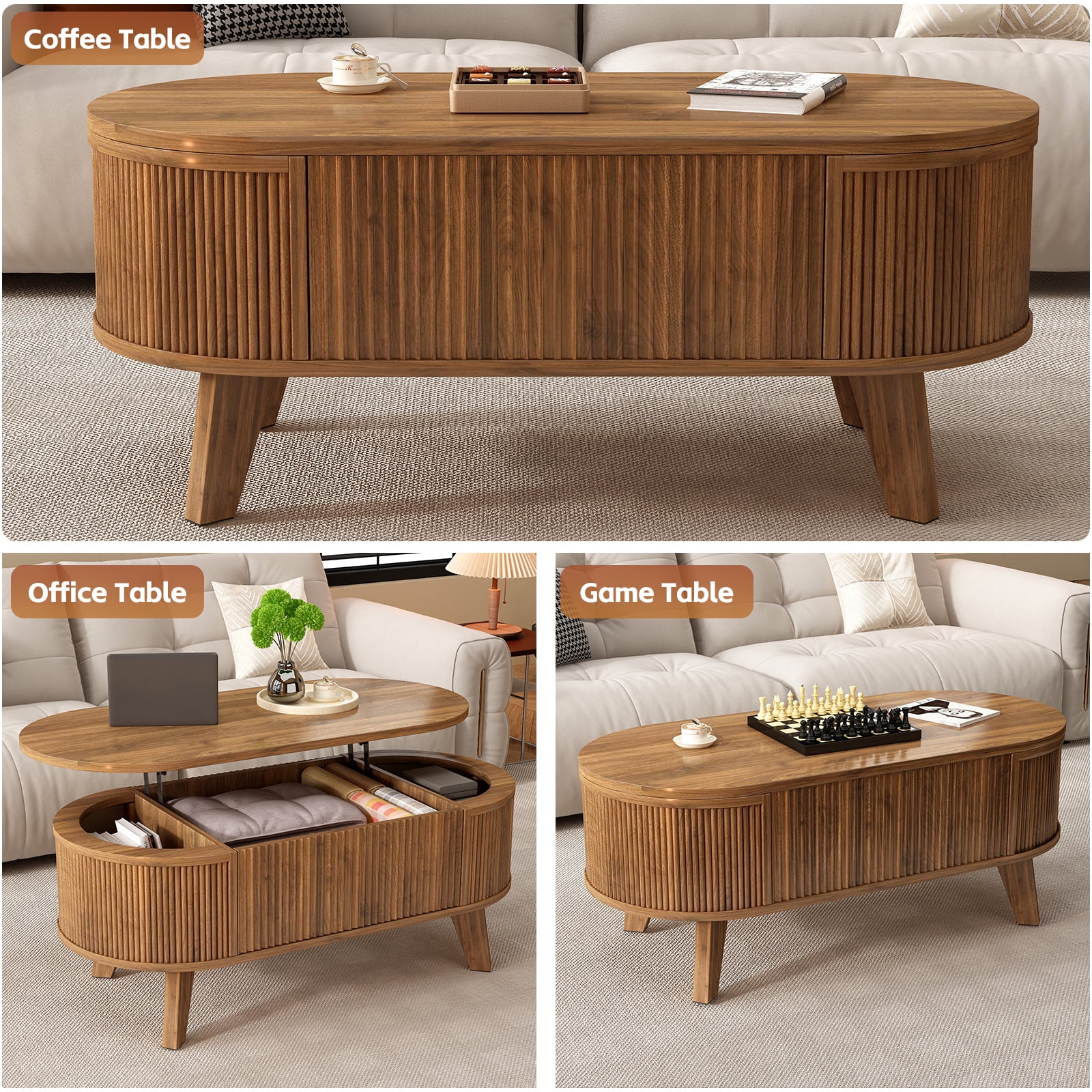 Hommoo Modern Fluted Lift Top Coffee Table with Hidden Storage, Mid-Century Oval Living Room or Home Office Table, Walnut