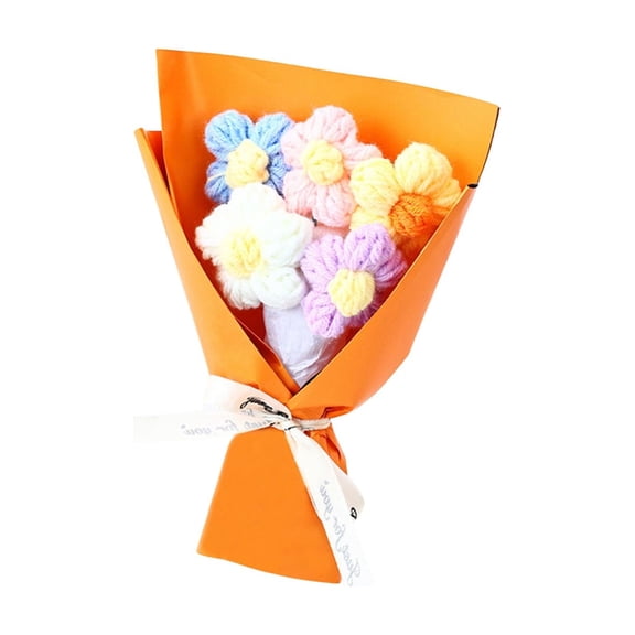 Hand-Knitted Floral Plush Bouquet, Orange Wrapped Yarn Flower Arrangement, Soft Stuffed Blooms for Girls’ Birthday Celebrations, Valentine's Day Surprises, and Thoughtful Gifting
