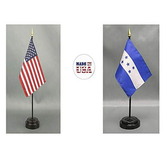 1 American and 1 Honduran Mini Desk Flags – Set of 2 with Stands, 4"x6" Rayon