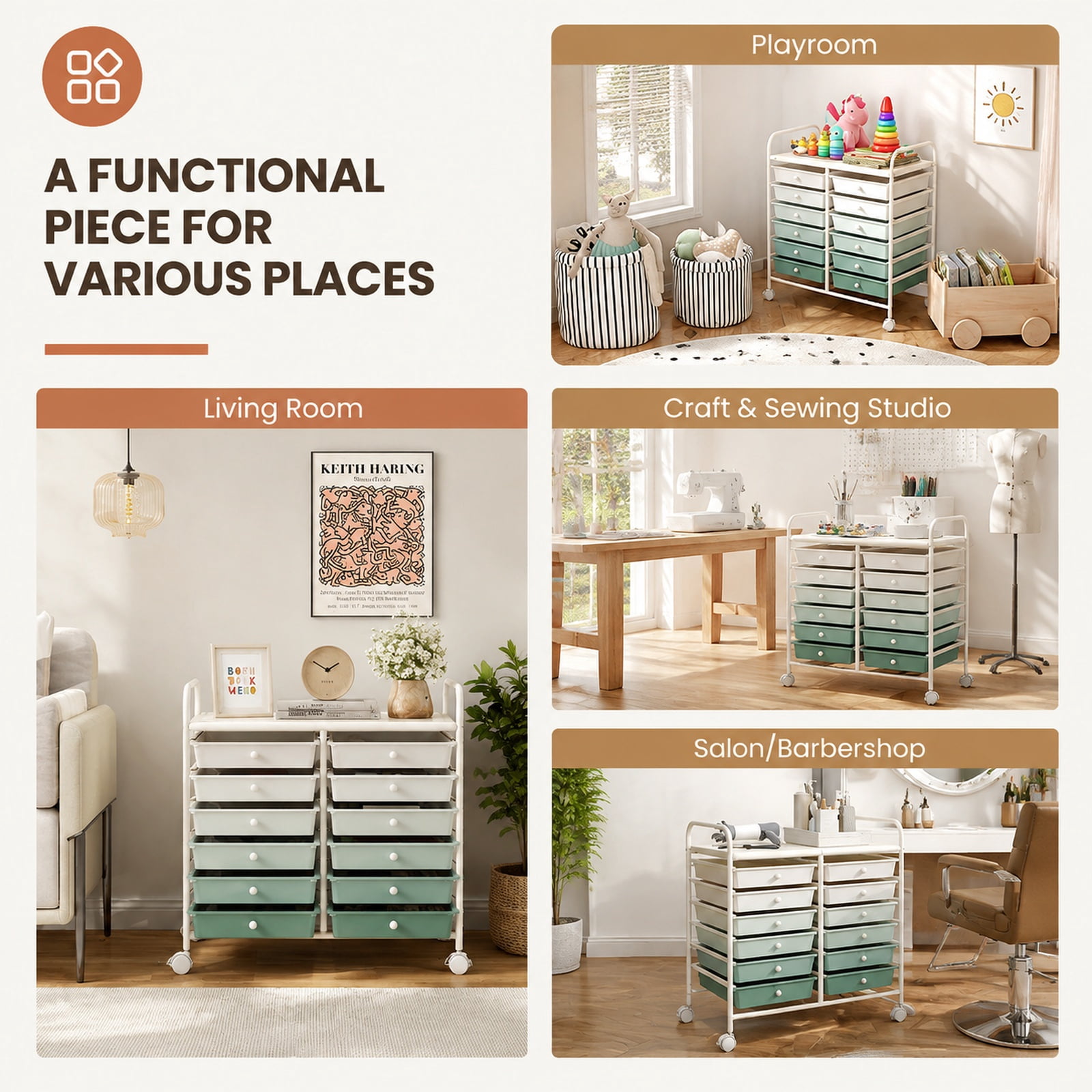 Furnibear 12 Drawers Rolling Storage Cart for Home and Office-Green Gradient for Home Office Filing Document Letter Legal Storage, Gray