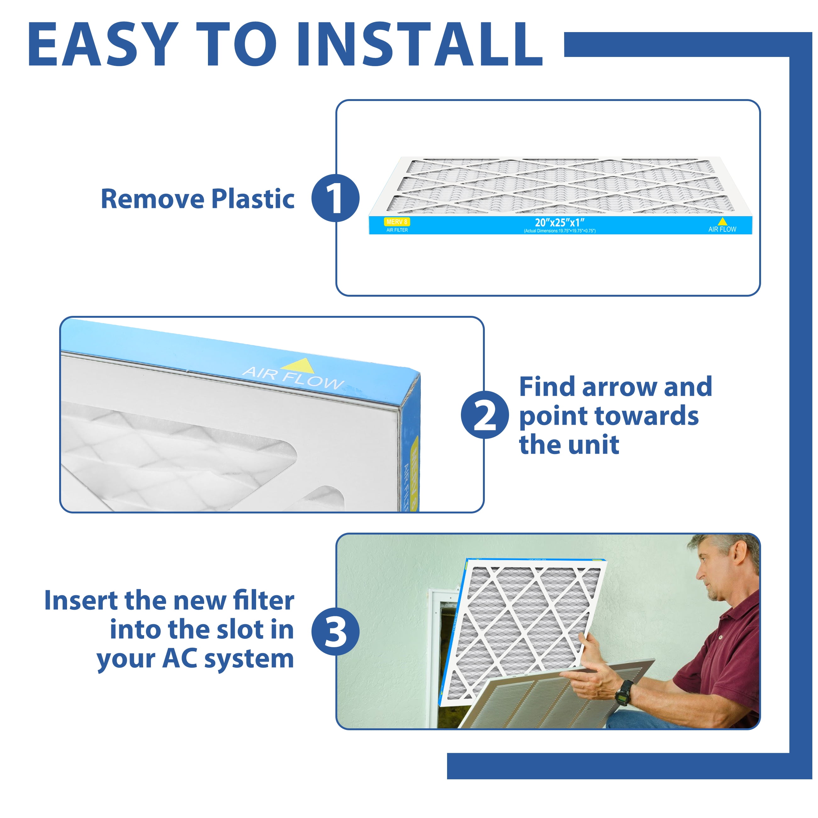 AMI PARTS 20x25x1 Air Filter MERV 8 Superior Pet Protection , Electrostatic Pleated HVAC Furnace Filter Replacement,6-Pack