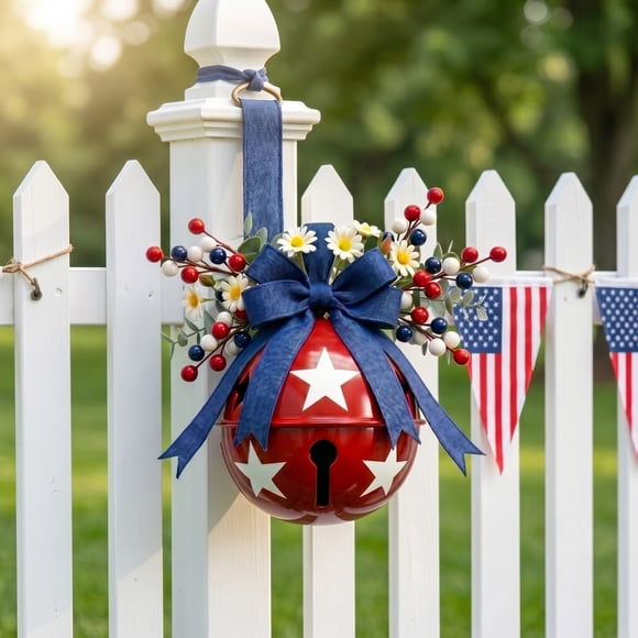 Sktrjpolfis Patriotic Metal Bell Hanging Ornament, 17.71 Inch Red White Blue Star Cutout for 4th of July Door Decor, 1-Pack