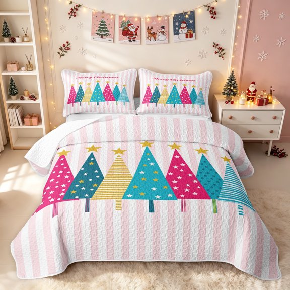 Erosebridal Striped Tree Twin Quilt Set, Pink Holiday Twin Coverlet Set, White Pink Cyan, 2-Piece, 1 Bedspread and 1 Pillowcase