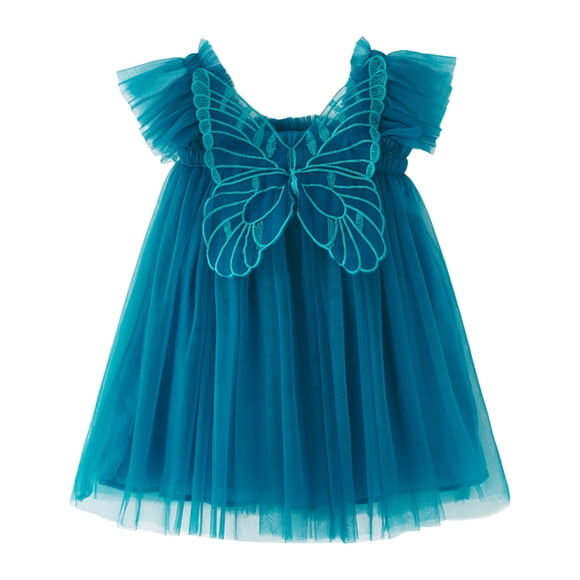 JIRNDf Flower Girl Dress For Wedding Elegant Ball Gown Party Princess Fly Sleeve With Wing Holiday Dance Formal Girls Summer Casual Dress Blue 4-5 Years