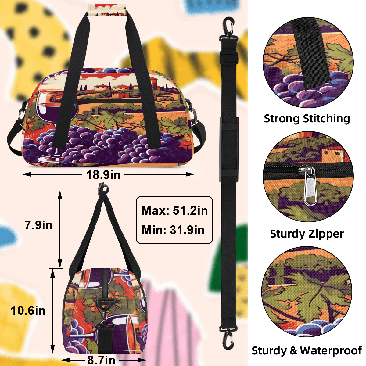 Herdesigns Wine Sports Duffle Bag for Women & Men, Grape Wine Gym Bag Dance Bag Overnight Bag Carry On Weekender Travel Bag