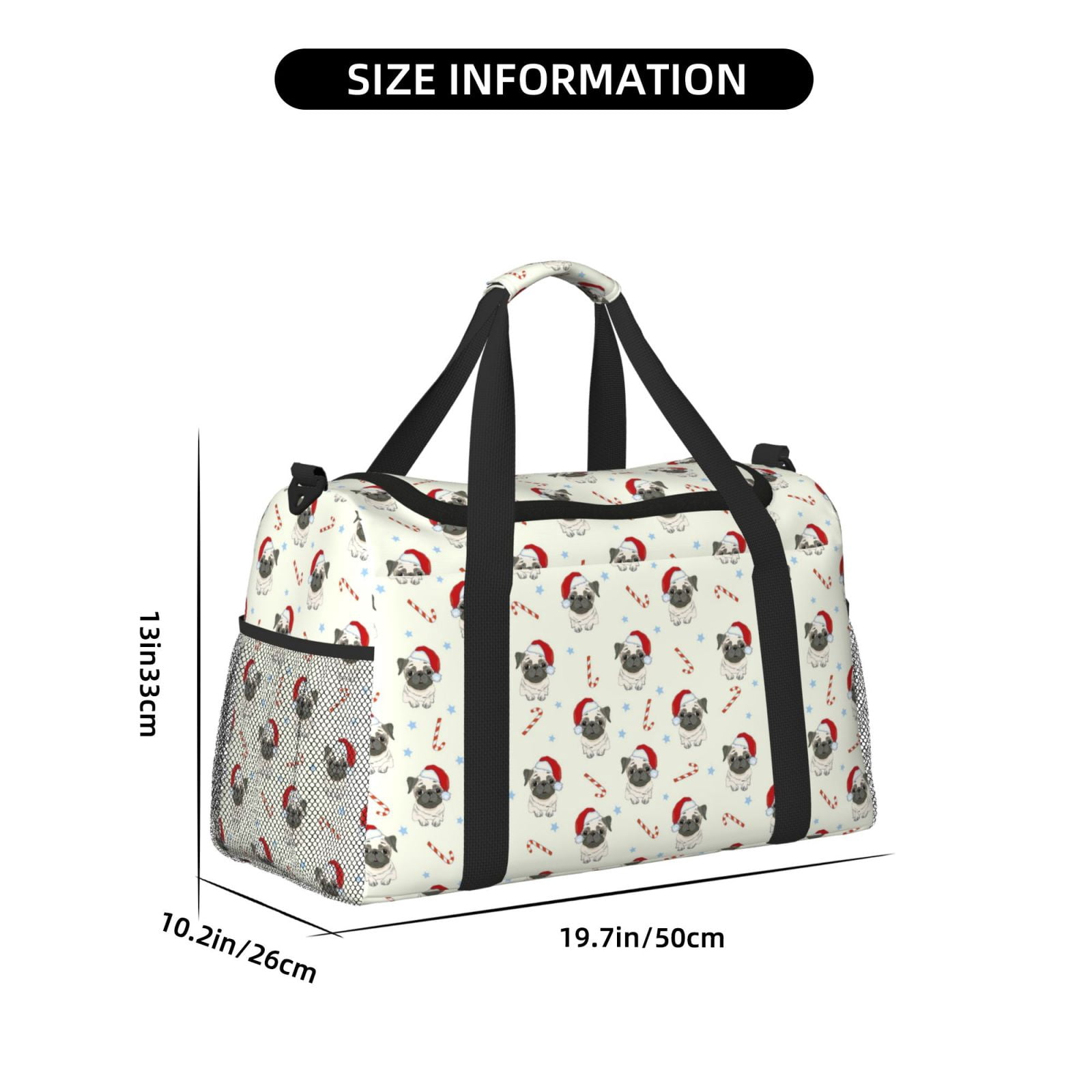 Fuzoiu Christmas Pug Dog Print Travel Duffle Bag,Carry On Tote Bags,Duffel Bag,Sport Gym Bag, Hospital Bag for Labor and Delivery, Overnight Bag,Luggage Bag