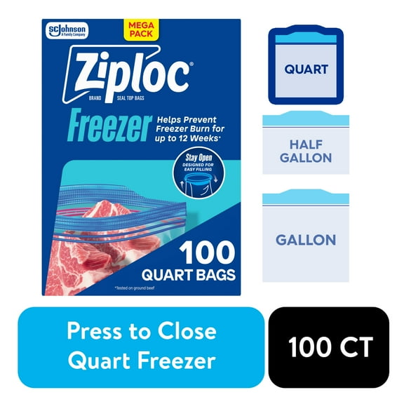 Ziploc Freezer Quart Food Storage Bags, School Supplies, Stay Open Design, Grip 'n Seal Technology, Zipper, 100 Count