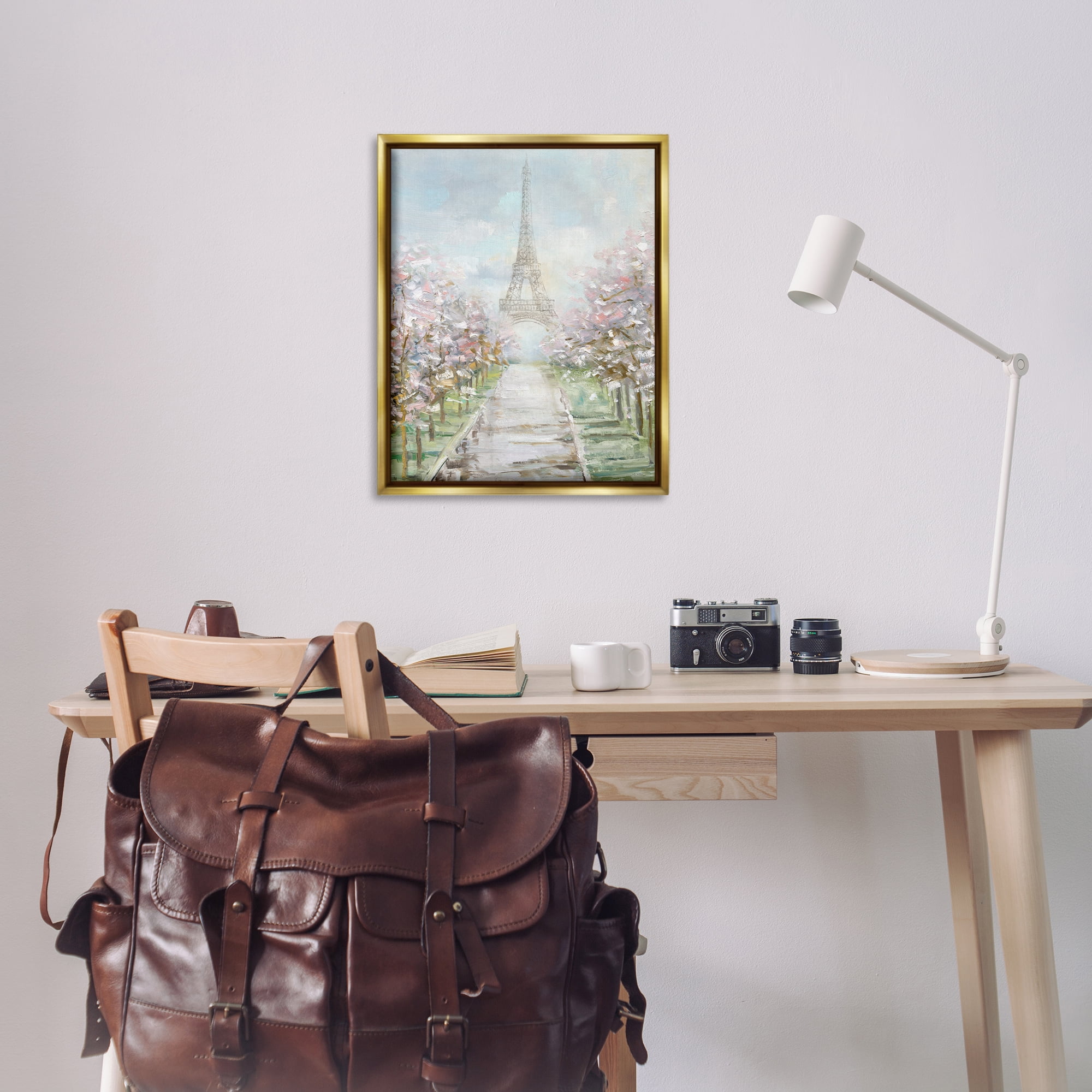 Stupell Industries Eiffel Tower & Tree Grove Scenic & Cityscapes Painting Gold Floater Framed Canvas Art Print Wall Art, 25 x 31