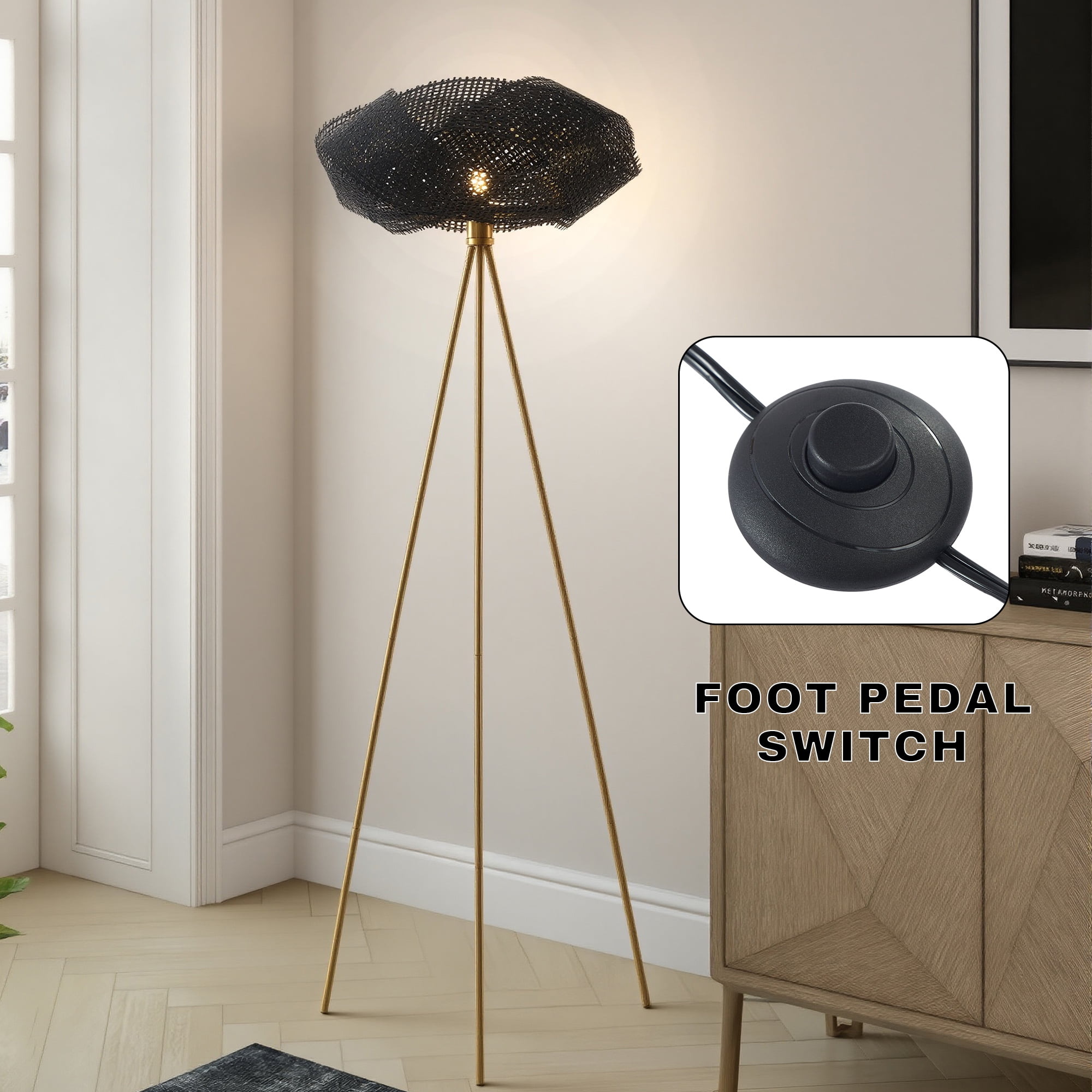 Handwoven Bamboo 64 Tall Tripod Floor Lamp, Boho Lotus-Shaped Woven Floor Lamp with Black Metal Stand,Floor Lamp for Living Room Bedroom Reading,Black