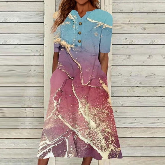 BRGZLK Womens Casual Dresses Summer Trendy Seaside Print Short Sleeve V Neck Loose Flowy Button-Down Beach Dress with Pockets Midi Sundress 2026 Purple S