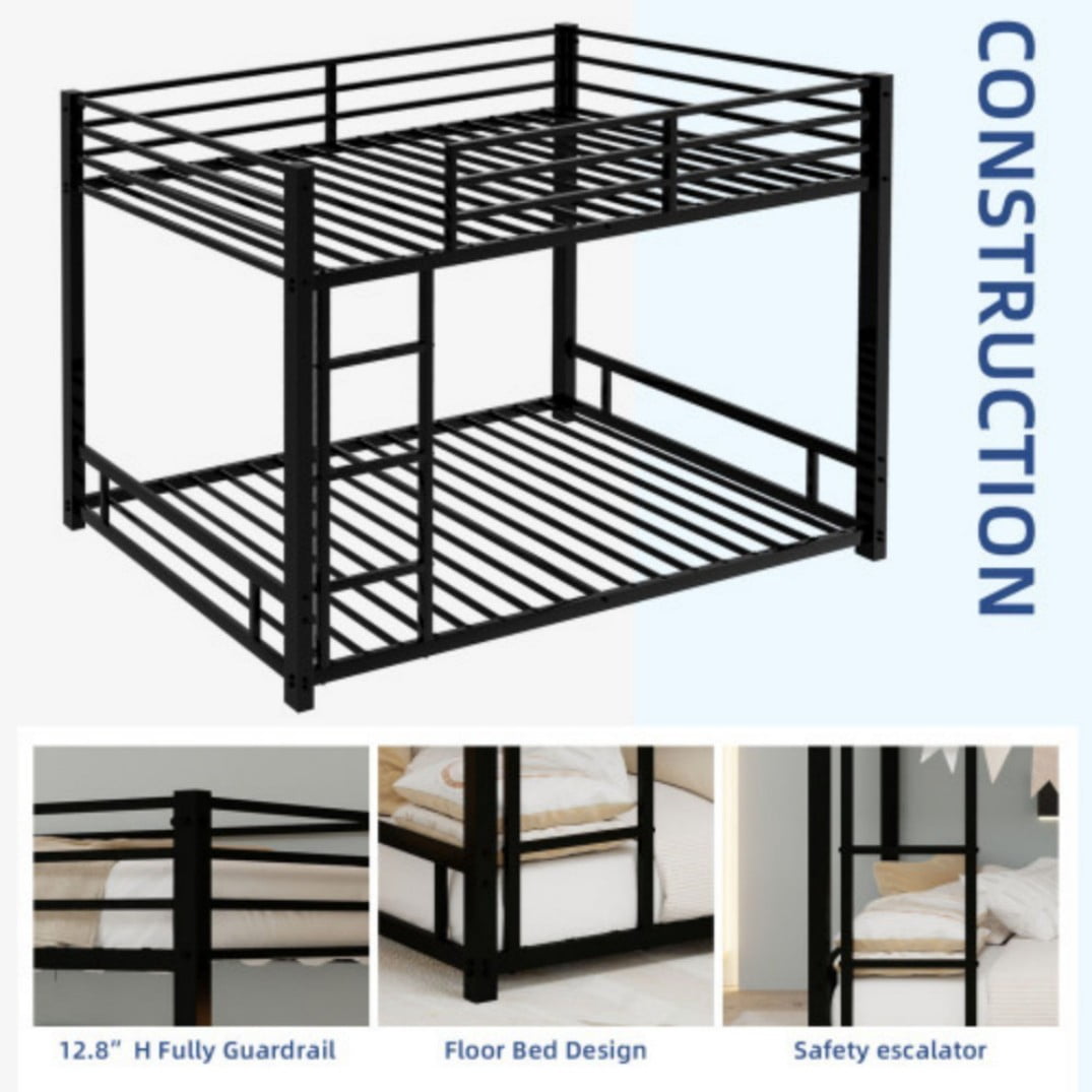 Twin Over Twin Metal Bunk Bed, Heavy-Duty Frame with 13" Guardrails, 3-Step Ladder, Noise-Reduced Slats, No Box Spring, Black