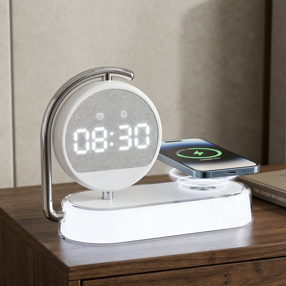 3-in-1 Wireless Charging Station with Digital Alarm Clock & Night Light, Charging Dock for Phone, Earbuds, and Smartwatch, Simply Place and Charge, Keep Your Nightstand Clean and Clutter-Free (White)
