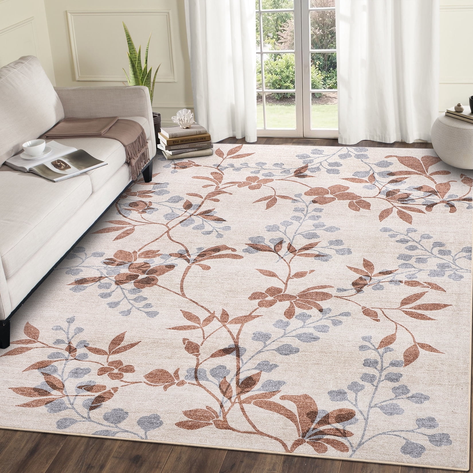 FairOnly 9'x12'Low Pile Area Rug for Living Room Machine Washable Non Slip Non Shedding Foldable Carpet，Beige