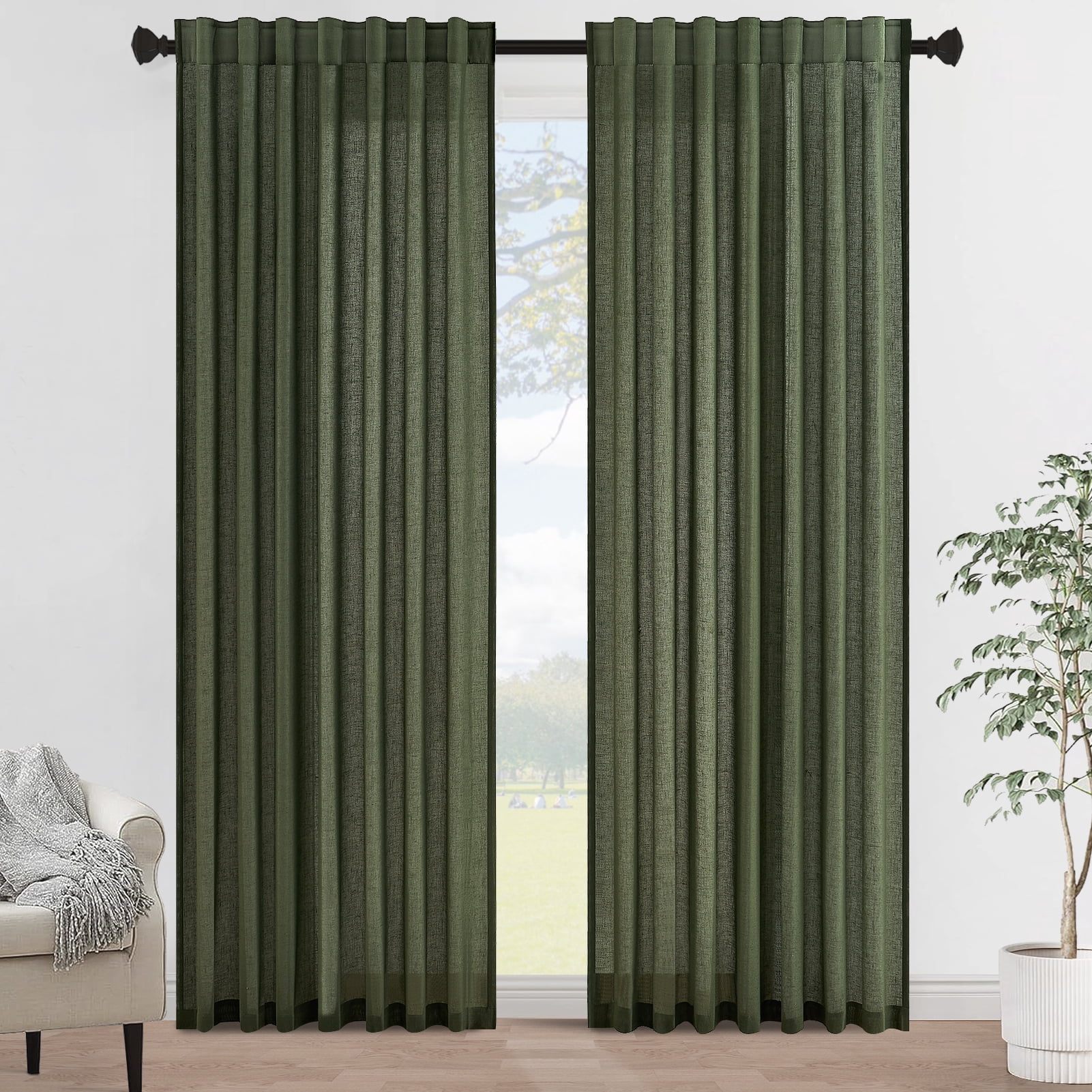 Topfinel Olive Green Linen Semi Sheer Curtains 84 Inches Long,Spring Boho Bedroom Living Room Home Decor,Cotton Linen Blended Light Filtering ,Back Tab Window Curtain with Hooks ,Set of 2