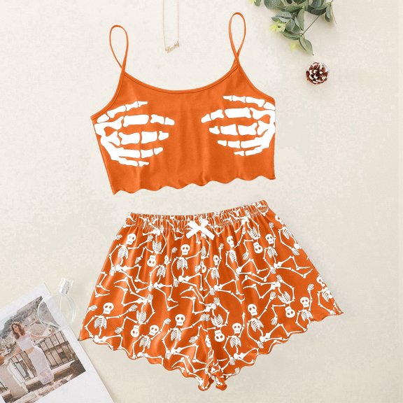 Halloween Cartoon Ghost Pumpkin Print Sleeveless Pajama Sets Lettuce Camis Tops Shorts Sets Trends Cute Loungewear Sleepwear Pj Sets