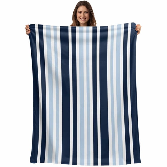 Navy Blue Blanket Soft Cozy Warm Throw Blanket for Couch, Plush Fuzzy Flannel Fleece Blankets for Sofa, Modern White Geometric Vertical Stripes Bed Blankets Lightweight Gifts for Women, 32"x48"