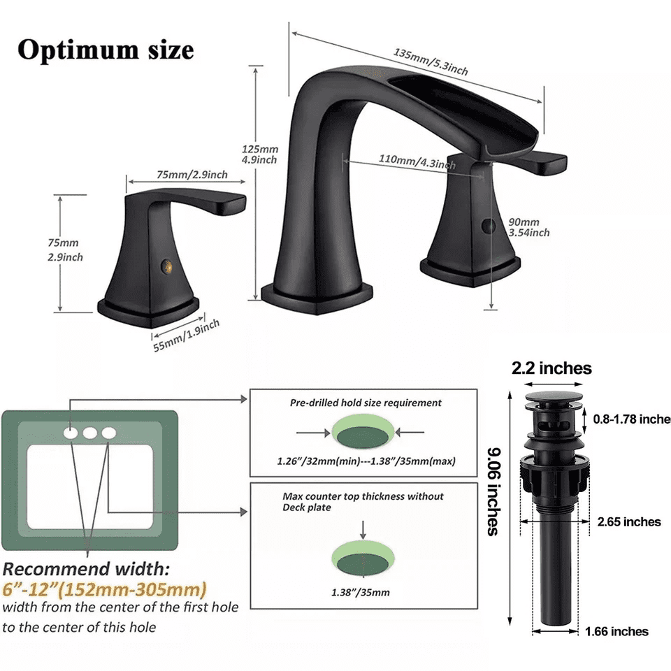 Zovajonia Matte Black 8 "Widespread Bathroom Faucet Basin 3 Hole Waterfall Vanity Sink Mixer Tap