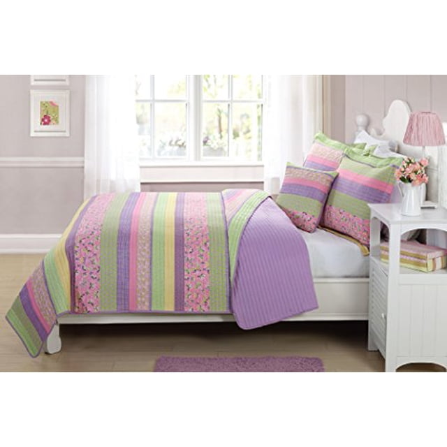 Elegante colcha de lino, 4 piezas, tamaño completo, raya, mariposa, flores, rosa, púrpura, verde, amarillo, reversible, niños / adolescentes / niñas, nuevo # Daisy dream Fancy Linen LLC 635309760869