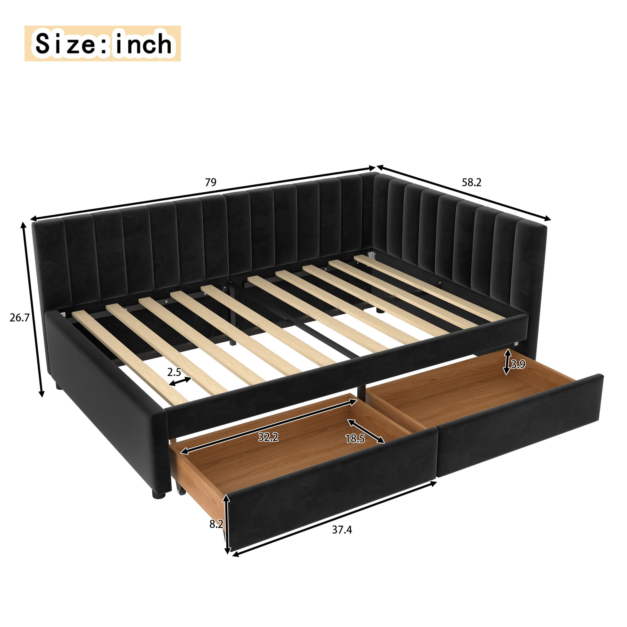 Aukfa Full Size Upholstered Daybed with 2 Storage Drawers, Velvet L-Shaped Channel-Tufted Headboard, Black