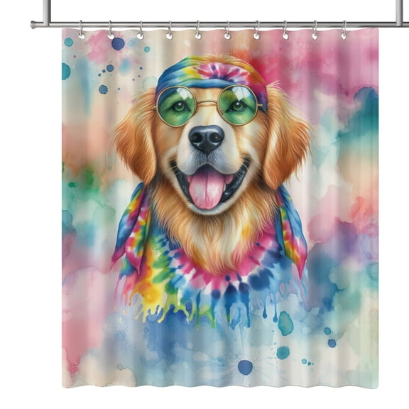 Hippie Golden Retriever Portrait Watercolor Tie-Dye Vintage Styles Shower Curtain Goldens Dog Lover Gifts Idea Waterproof Bathroom Bathtub Curtain - 00014