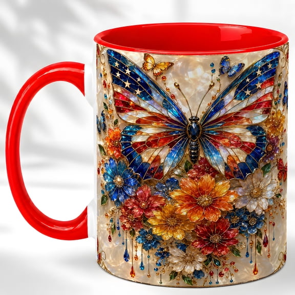 Patriotic Butterfly Coffee Mug, Jeweled Floral Flag Mug, Ceramic Cup