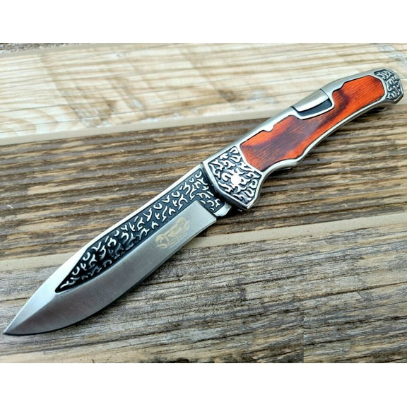 TheBoneEdge Wood Handle Engraved Design 9" Folding Knife 3CR13 Stainless Steel 13104
