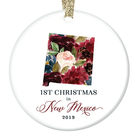 Christmas 2019 Ceramic Keepsake Ornament 1st First Holiday in NEW MEXICO U.S. Tree Decoration Relatives Friends Family Pretty Floral Design 3