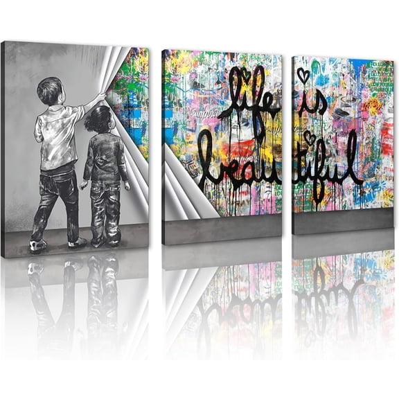 Hieng Banksy Wall Art Street Graffiti Picture Wall Decor Street Girl Graffiti Art Painting Modern Butterfly Poster for Living Room Bedroom(Only canvas)