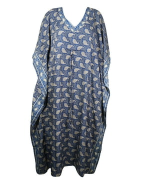 Mogul Women's Blue Maxi Caftan Silk Blend Party Casual Dress Cover Up Beach Dress Resort Wear Kaftan 3XL
