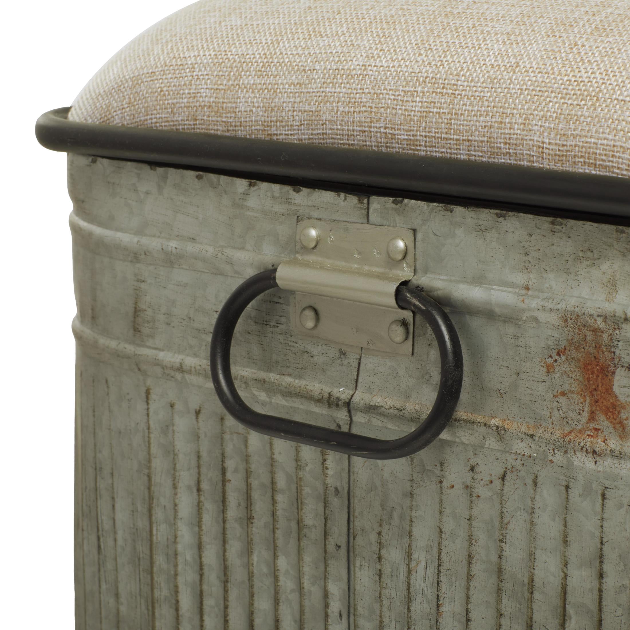 DecMode Metal Galvanized Storage Bench with Cream Burlap Top and Black Latches, Gray