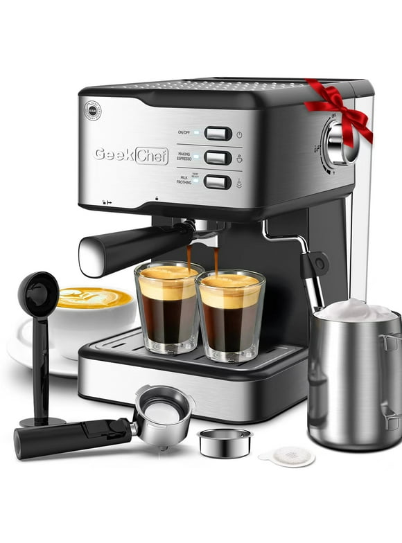 Geek Chef Espresso Machine, 20 Bar Coffee Maker with Milk Frother, 1.5L Water Tank, Stainless Steel